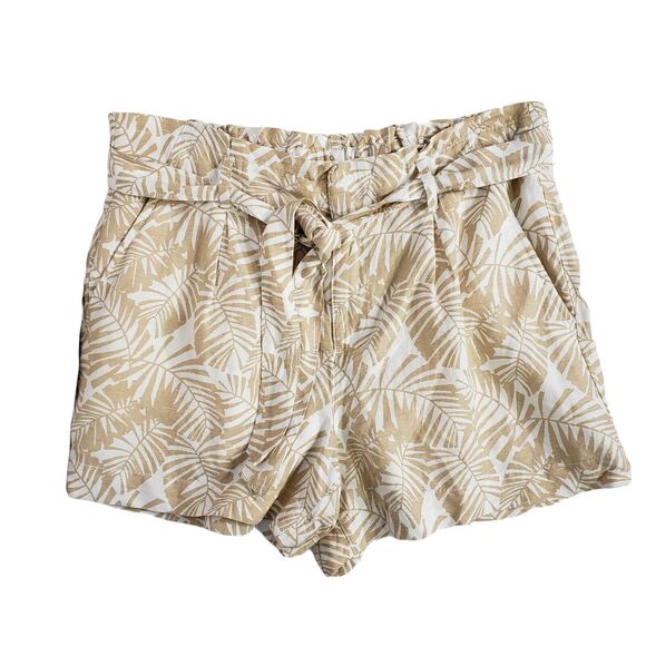 Loft Womens Shorts Medium Palm Tie Waist Paperbag Linen Tan Whisper White Pocket - Picture 3 of 10